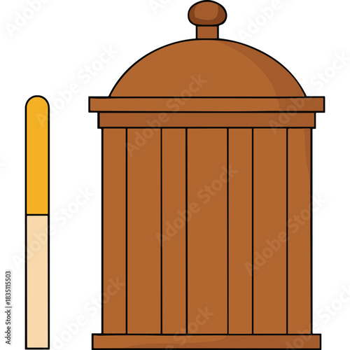 Simple Illustration of a Wooden Trash Can with a Lid and a Matchstick on a Black Background