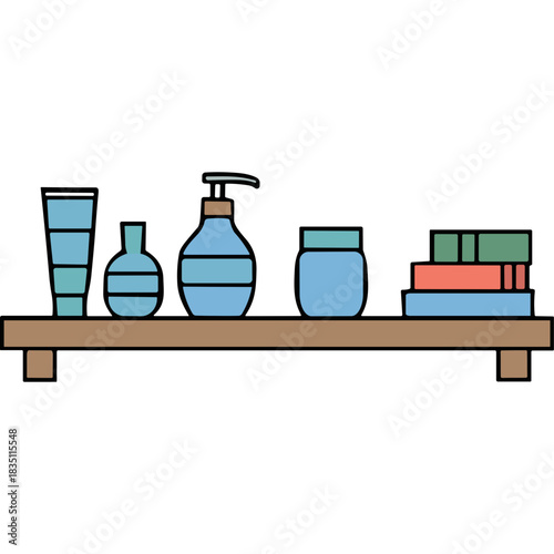 Simple Illustration Of Bathroom Products And Books On A Wooden Shelf Against A Black Background
