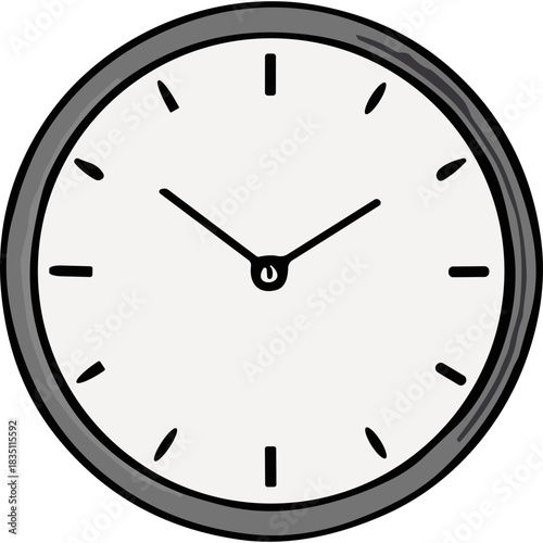 Simple Hand Drawn Analog Clock Face with Black Hour and Minute Hands on White Background and Gray Bezel Minimalist Time Illustration