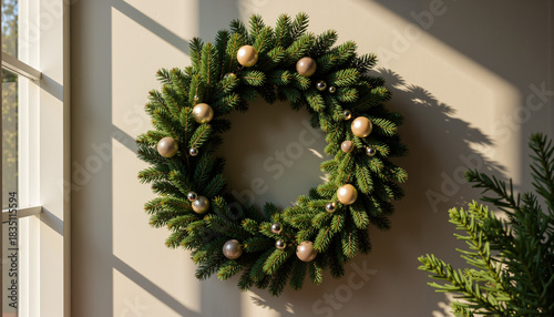 Festive green Christmas wreath adorned with gold ornaments on wall  