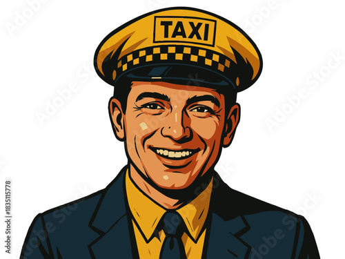 male taxi driver wearing a uniform and classic yellow taxi hat, smiling confidently. Generative ai vector colorful pop art illustration.