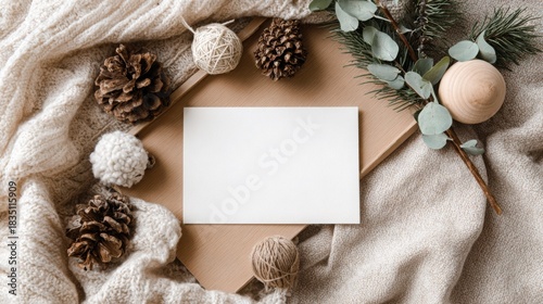 Rustic woodland Christmas flat lay with evergreen branches, cedar cones, twine and wooden stars featuring horizontal A5 greeting card mockup in earthy tones

