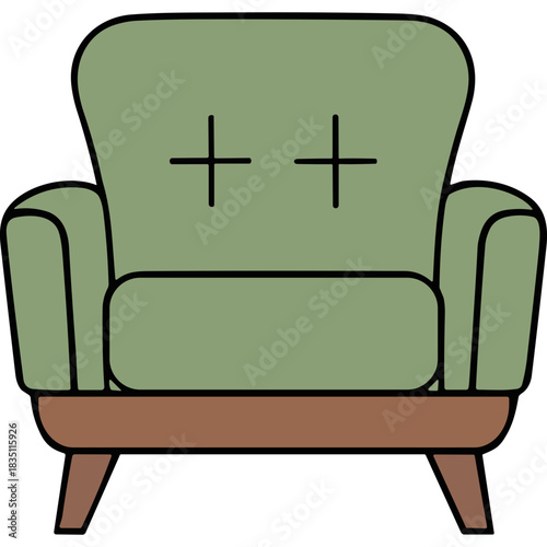 Simple illustration of a green armchair with brown wooden legs against a black background minimalist design with tufted backrest and clean lines cozy and inviting furniture piece
