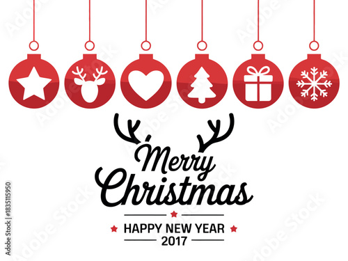 Festive red Christmas ornaments with festive icons hang above a "Merry Christmas Happy New Year" greeting.