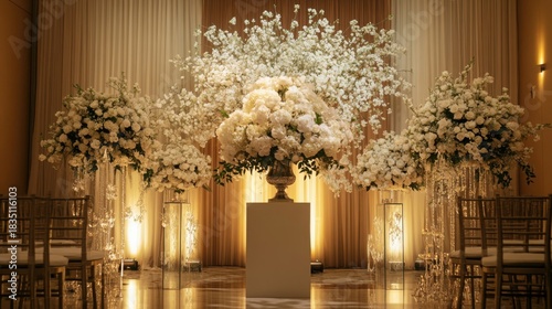 Elegant winter wedding décor featuring a large premium floral arrangement on a pedestal at the entrance of a refined ceremony hall, with warm soft lighting illuminating white blooms and crystal accent