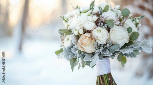 Winter bridal bouquet composition in lifestyle-style featuring flowers wrapped in soft white ribbon with lightly blurred snowy outdoor background and cold daylight