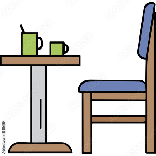 Simple illustration of a small wooden table with two green cups and a straw next to a blue cushioned wooden chair against a black background
