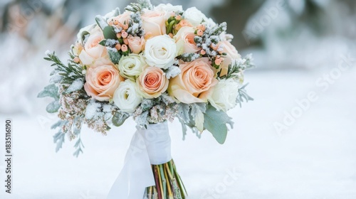 Lifestyle-style winter bridal bouquet composition with flowers wrapped in soft white ribbon against outdoor snowy background in natural cold daylight