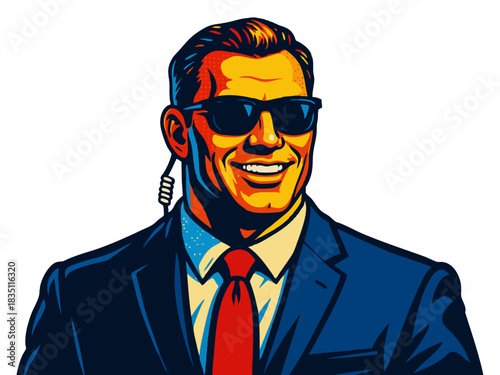 male secret service agent in a suit, with dark sunglasses and earpiece, smiling confidently. Generative ai vector colorful pop art illustration.