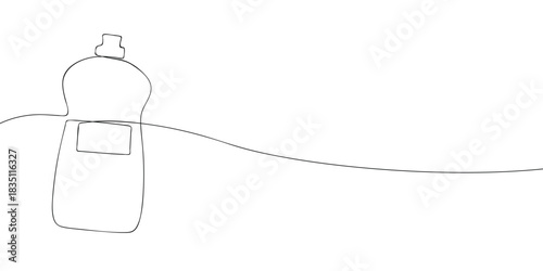 A simple continuous line drawing of a bottle with a cap and front label, resembling a liquid cleaning or household product container
