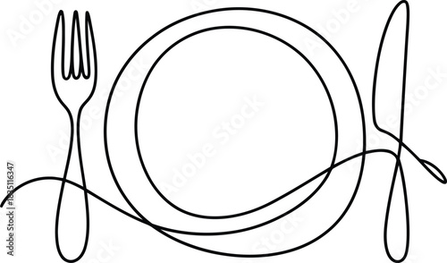 Elegant continuous line drawing of a dinner plate setting with a fork and a knife