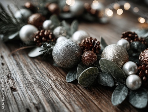 Macro flat-lay of Russian-style festive garland and small ornaments in editorial aesthetic on modern wooden surface, soft winter lighting