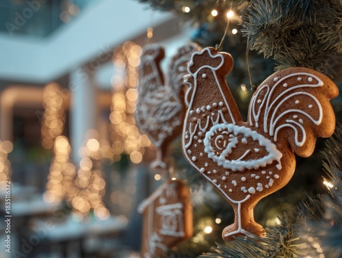 Premium macro festive composition showing Tula gingerbread in form of a rooster on tree with warm fairy lights and cool background, concept
