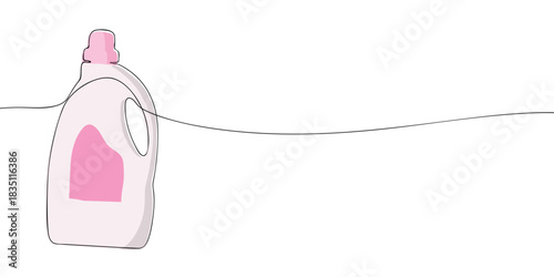 A plastic cleaning liquid bottle with a built in handle and a pink label, illustrated in a simple minimal line style