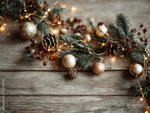 Editorial winter flat-lay illustration featuring Russian-style garland and miniature ornaments arranged on clean modern wood