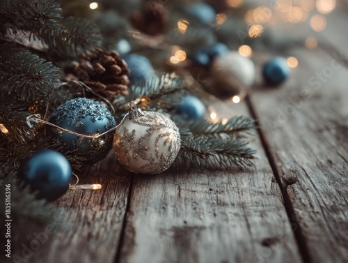 Macro flat-lay Russian-style festive garland artwork with small ornaments in soft winter tones representing modern wooden surface decor