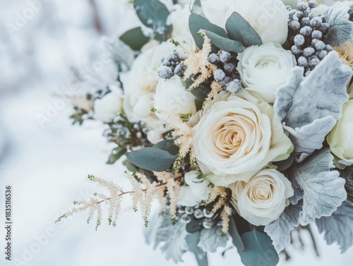 Overhead macro shot of winter wedding bouquet, delicate blooms layered with cool tones and snowy details, clean refined composition
