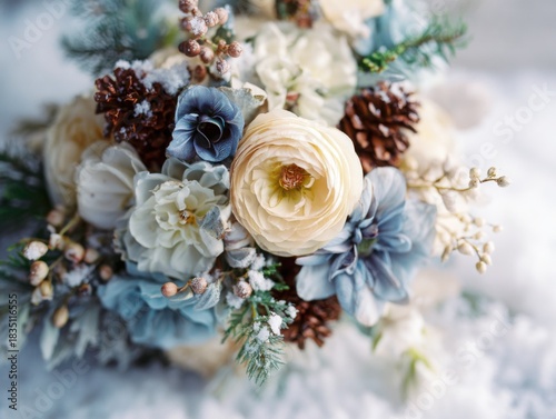 Stylized overhead macro floral artwork in cool palette, depicting winter wedding bouquet with layered delicate blooms for seasonal decor