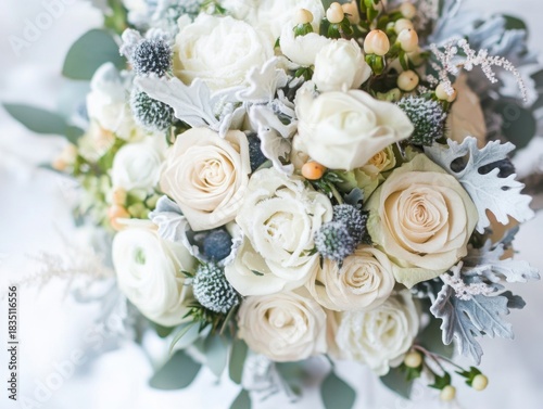 Overhead macro shot winter wedding bouquet illustration in refined clean style, cool tones, representing delicate snowy floral design