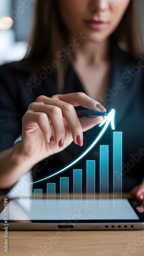 Female Analyst Using Digital Tablet With Futuristic Growth and Strategy Display