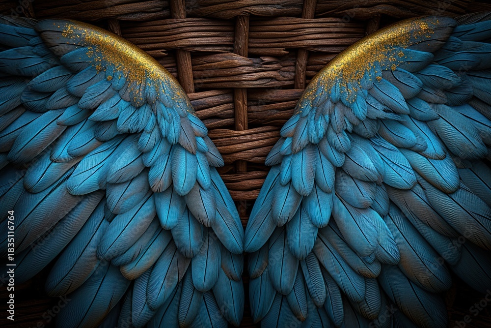 Obraz premium Stunning blue angel wings with golden glitter against woven wood backdrop