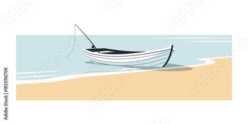 Hand drawn illustration of a small wooden fishing boat on a sandy beach isolated on transparent background