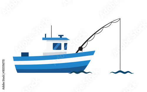 Blue and white fishing boat with a long fishing rod isolated on transparent background