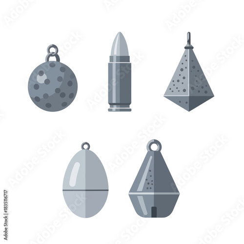 Collection of fishing weights and a bullet isolated on transparent background