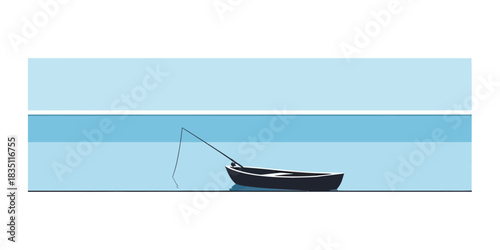 A lone fishing boat with a rod sits on calm blue water isolated on transparent background