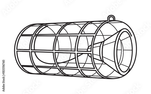Detailed line drawing of a cylindrical fish trap with a funnel entrance isolated on transparent background