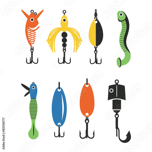 Collection of eight colorful fishing lures isolated on transparent background
