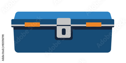 Blue toolbox with silver latch and orange accents isolated on transparent background