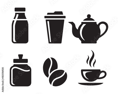 Steaming coffee cup, classic teapot with curved spout, tall milk bottle with cap, takeaway coffee cup with lid, small sugar jar, coffee bean pair vector silhouette design illustration icon set collect