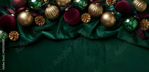 Luxurious Christmas top border featuring burgundy and gold baubles, pine cones, and ribbons arranged on a dark green velvet background with copy space.