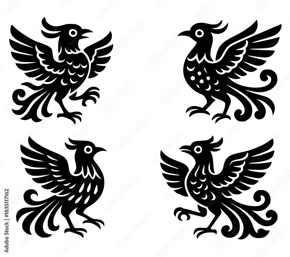 Fototapeta premium Icon for Chinese New Year, 4 phoenix illustrations, outline, transparent background