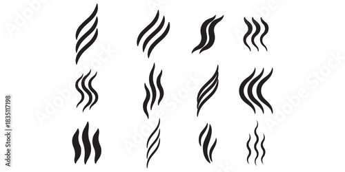 Smoke steam icon vector logo set. Smoke smell, steam aroma heat icon illustration. Hot vapor fire doodle line logo. Hit stink, coffee, fragrance flame elements. Vector illustration.