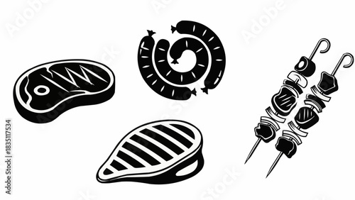 Grilled Meats and Sausages Collection for Barbecue and Grilling.