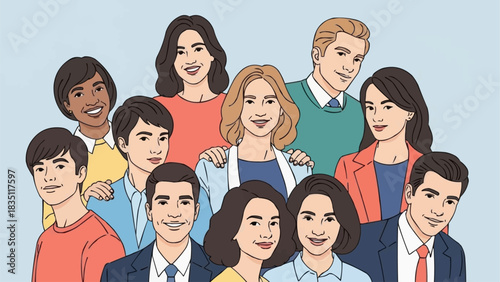 Diverse group of smiling people standing together.