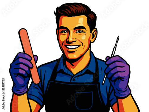 male manicurist wearing gloves and holding nail tools, ideal for beauty and grooming content. Generative ai vector colorful pop art illustration.