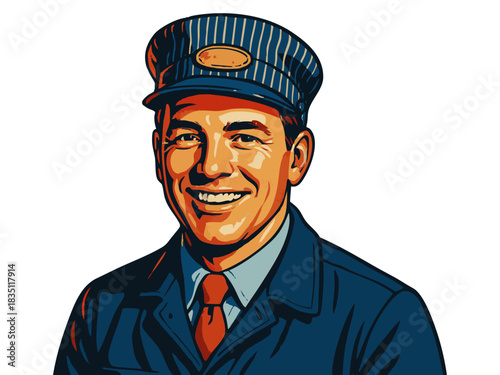 smiling train operator in classic uniform and striped cap, perfect for vintage transport themes. Generative ai vector colorful pop art illustration.
