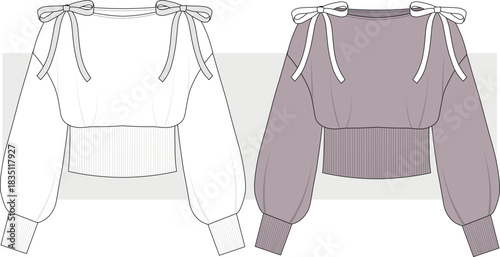 Women's cropped sweater with bow detail. Cute Blouse, sweatshirt fashion technical drawing, illustration. Vector, Cad, Mockup.