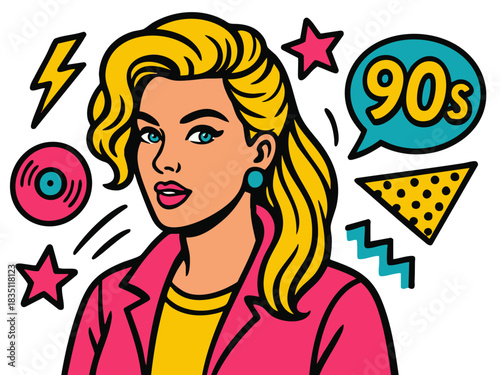 fashionable blonde woman surrounded by 90s-themed graphics, perfect for nostalgia, fashion, or music concepts. Generative ai vector colorful pop art illustration.