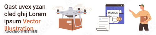 Logistics, e-commerce, delivery services, online shipping, invoicing, automation. quadcopter carrying parcel, invoice document with payment icon delivery person holding box. Logistics and e-commerce