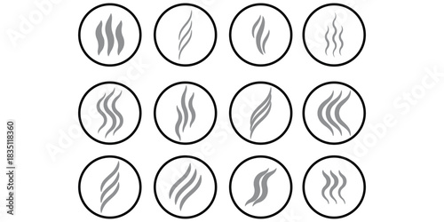 Smoke steam icon vector logo set. Smoke smell, steam aroma heat icon illustration. Hot vapor fire doodle line logo. Hit stink, coffee, fragrance flame elements. Vector illustration.