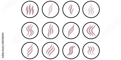 Smoke steam icon vector logo set. Smoke smell, steam aroma heat icon illustration. Hot vapor fire doodle line logo. Hit stink, coffee, fragrance flame elements. Vector illustration