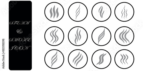 Smoke steam icon vector logo set. Smoke smell, steam aroma heat icon illustration. Hot vapor fire doodle line logo. Hit stink, coffee, fragrance flame elements. Vector illustration
