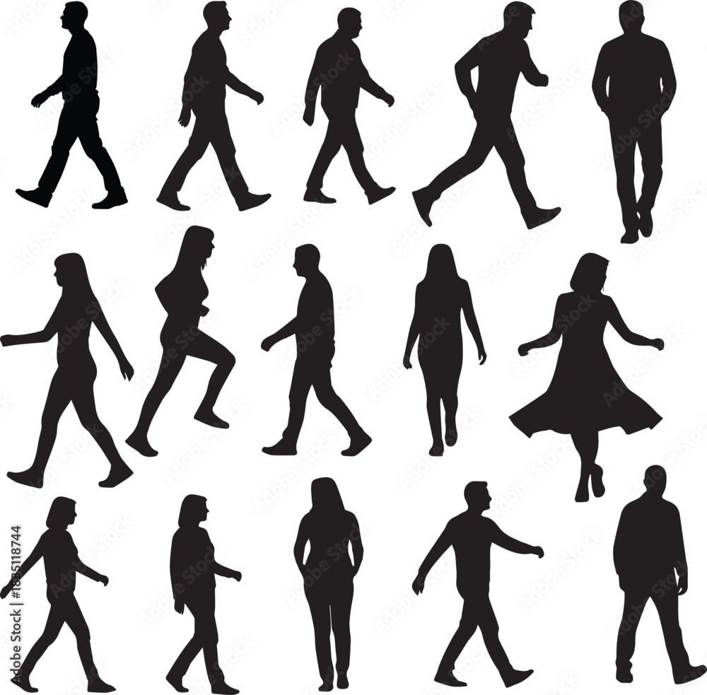 Obraz premium Diverse People Walking Silhouettes A Collection of Figures in Motion