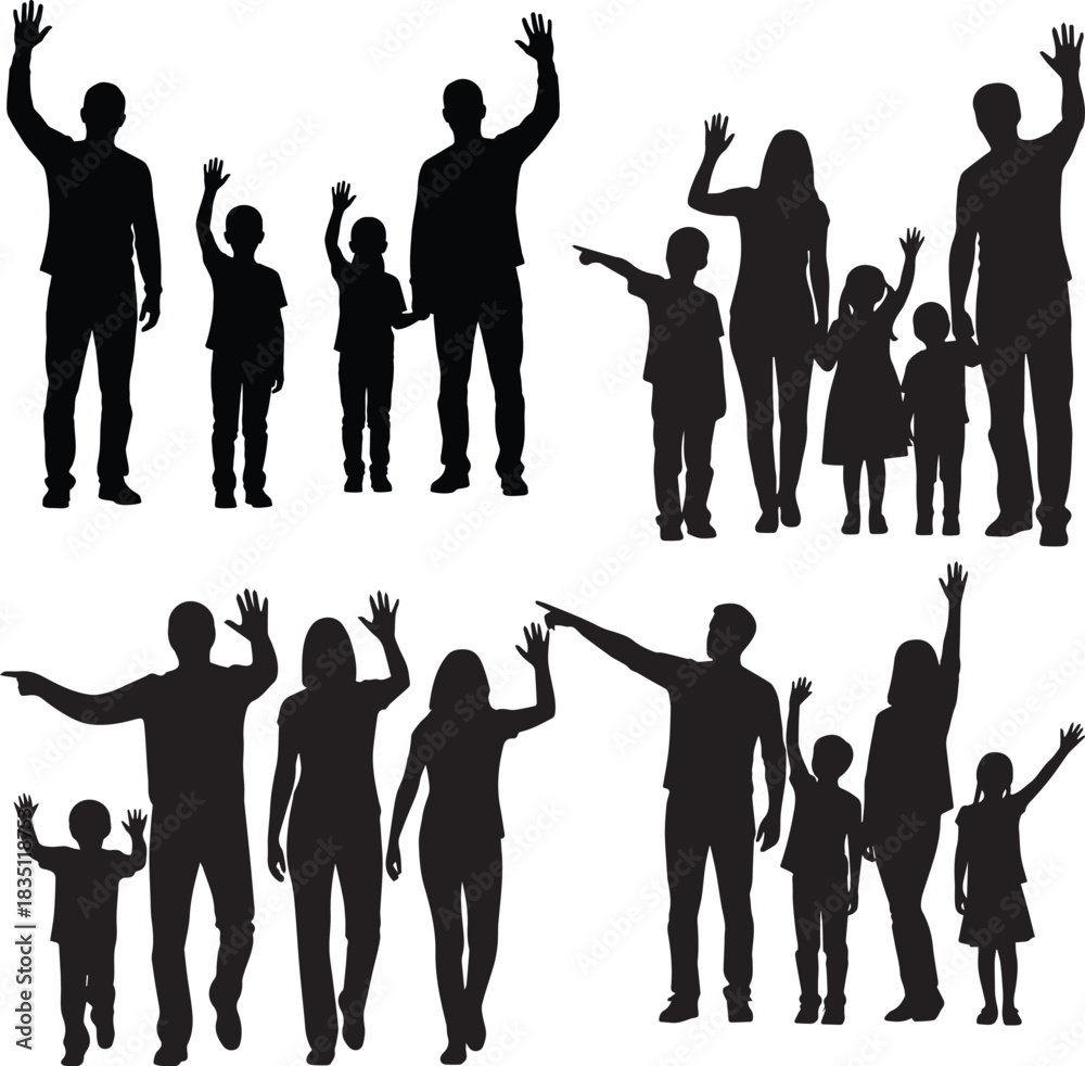 Fototapeta premium Dynamic Silhouettes of Diverse Community Groups and Families Interacting, Featuring Adults and Children Raising Hands in Greeting or Participation