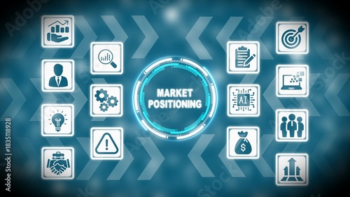 Market positioning concept with business icons and digital interface on blue background business strategy