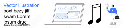 Data analysis, music creation, innovation, technology, problem-solving, productivity. A laptop with graphs, music notes and a person holding a lightbulb. Data analysis and music creation concept